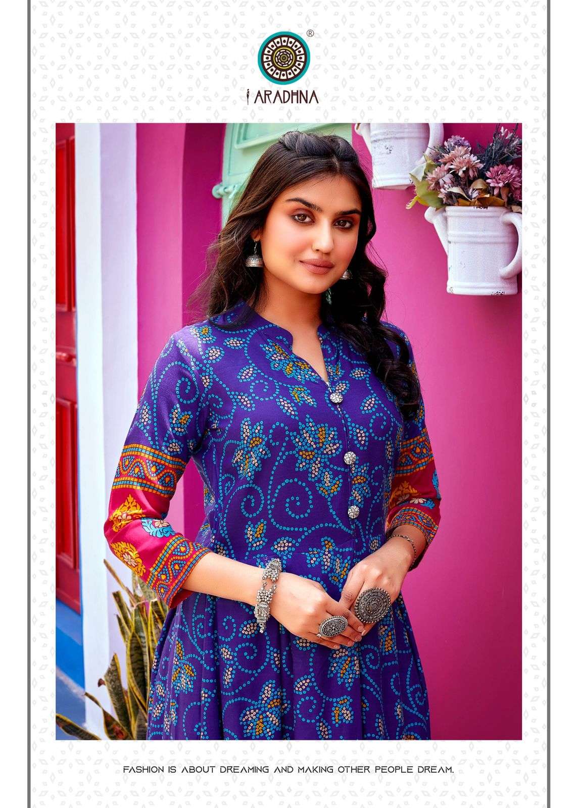 BANDHANI VOL 4 RAYON BANDHANI PRINT EMBROIDERY WORK LIVA TAG LONG GOWN KURTI BY ARADHNA BRAND 4002 C